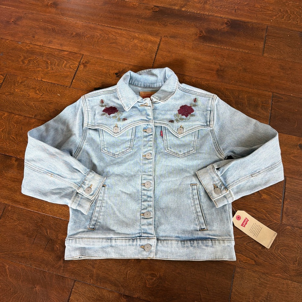 Levis Girls Light Wash Denim Trucker Jacket Rose Floral Embroidery Size M 10-12